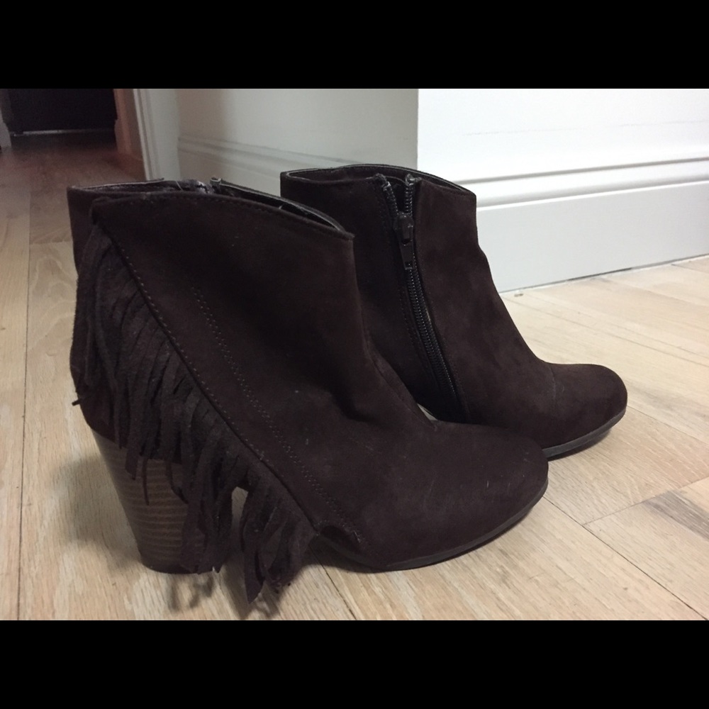 Brown Faux Suede Fringe Ankle Booties - NEVER WORN